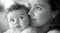 Tender black and white portrait of young mother holding adorable baby with curly hair, showcasing maternal love and bonding in intimate family moment.
