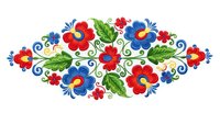 Colorful folk art floral embroidery design with red and blue flowers, green leaves on white background. Traditional decorative pattern for crafts.