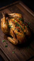 Golden roasted whole chicken with fresh herbs on wooden cutting board. Crispy skin and juicy meat for holiday dinner, family meal or restaurant menu.