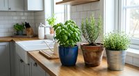 Fresh herbs growing in decorative pots on sunny kitchen windowsill with white cabinets and wooden countertop for cooking and home gardening.
