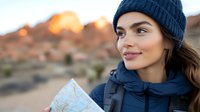 Young woman in winter attire holding map while hiking, enjoying sunset in desert landscape. Natural lighting captures adventurous spirit and wanderlust mood.