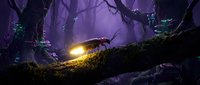 Mystical purple forest with glowing orb of light on moss-covered fallen tree trunk creating magical atmosphere for fantasy gaming and storytelling projects.