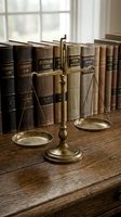 Vintage brass scales of justice on wooden desk with antique law books in background, symbolizing legal profession, courtroom, attorney office decor.
