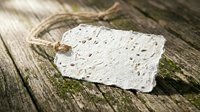 Blank white kraft paper tag with twine on weathered wooden surface with moss, ready for labeling, gift wrapping, and craft projects.