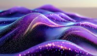 Abstract purple and blue waves with glowing particles creating dynamic flowing landscape. Magical cosmic terrain with shimmering light effects and smooth undulating surface.