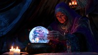 Elderly fortune teller in ornate costume gazes into glowing crystal ball during mystical divination session, surrounded by candlelight in dark atmospheric setting.