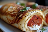 Thin crepe rolled with smoked salmon, cream cheese and fresh herbs, garnished with black pepper and parsley on white plate. Close up macro food photography.