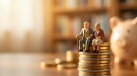 Miniature elderly couple figurines sitting on stacked coins against blurred library background, representing retirement savings, financial planning, wealth management and senior lifestyle concepts.