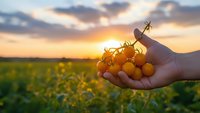 Fresh cherry tomatoes in farmer hand at golden sunset over agricultural field showcasing organic harvest and sustainable farming practices.