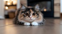 Adorable fluffy kitten with multicolored fur lying on wooden floor in cozy living room with fireplace and warm lighting creating perfect home atmosphere.