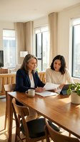 Two professional women reviewing documents at wooden dining table in modern apartment with natural light for business meeting or consultation.