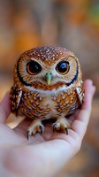 Spotted owl perched on human palm against blurred autumn background, close-up view showing detailed feathers and large expressive eyes. Great for wildlife and nature content.