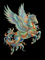 Ornate winged horse with flowing mane and tail in vibrant turquoise, orange, and gold tones. Isolated on transparent background, ready for t-shirts, stickers, clipart, and print-on-demand designs.