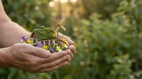 Hands holding miniature house with moss roof and tiny flowers in cupped palms against blurred green nature background. Eco-friendly sustainable living concept.