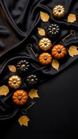 Elegant autumn flat lay with decorative pumpkins, golden leaves and vintage keys on luxurious black silk fabric for seasonal holiday design projects.