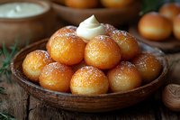 Sweet fried dough balls dusted with powdered sugar and topped with whipped cream, served in rustic wooden bowl on dark table with herbs.