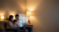 Asian family using smart home technology on tablet in cozy living room with warm ambient lighting and modern interior design for home automation control.