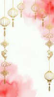 Gold lanterns with ornamental knots and tassels hang against soft pink watercolor wash background. Isolated design element suitable for greeting cards, invitations, posters, and festive decorations.
