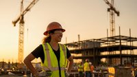 Female construction worker in safety vest and hard hat at building site during golden hour sunset with cranes and concrete structure in background.