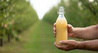 Farmer holding bottle of fresh apple juice in orchard with green trees in background, agricultural product and harvest concept for food and beverage industry.