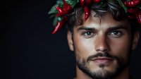 Mediterranean male model wearing red berry crown against dark background, dramatic lighting highlights intense gaze and defined facial features. Artistic portrait concept.