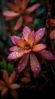 Pink succulent flower with water droplets after rain, petals glistening with moisture against dark background, creating dramatic natural macro photography.