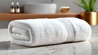 Soft white cotton towel rolled on marble bathroom counter with modern sink and plant decor for spa relaxation and home interior design.