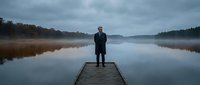 Professional businessman in dark suit standing on wooden dock over calm misty lake at dawn, contemplating future success and leadership opportunities.