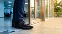 Businessman in formal dark suit and polished black leather shoes standing at glass entrance doors of modern office building lobby with blurred colleagues in background.