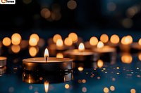 Burning tea light candle with soft golden bokeh lights reflecting on dark blue surface creating peaceful atmospheric mood for meditation or remembrance.