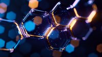 Glowing molecular structure with hexagonal shapes against dark background with blue bokeh lights creates scientific atmosphere for research presentations.
