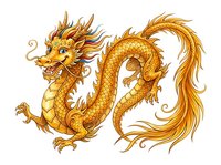 Golden dragon with ornate scales and flowing mane, isolated on white background. Perfect for Asian-inspired designs, t-shirts, logos, and decorative applications.