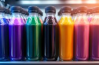 Colorful fresh juice and smoothie bottles in rainbow colors lined up on refrigerator shelf with dramatic lighting, showing variety of healthy drink options.