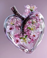 Heart-shaped glass pendant with delicate pink cherry blossoms inside, featuring crystalline branch details and soft purple background, suitable for jewelry design.