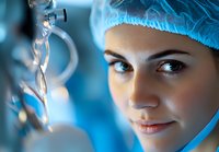 Young female medical professional in surgical cap looking through microscope in laboratory setting with blue toned lighting and bokeh effects in background.