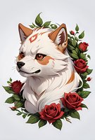 Mystical white fox portrait surrounded by blooming red roses and green leaves on light background, decorative fantasy art style for prints and designs.