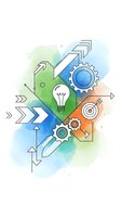 Business innovation concept with gears, lightbulb, arrows and target on colorful watercolor background for strategic planning and growth presentations.
