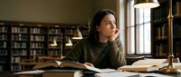 Young Asian woman student studying in vintage library with books and warm lighting for academic research and education concepts.