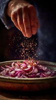 Close-up of senior hand sprinkling spices over sliced red onions in rustic ceramic bowl against dark background, highlighting culinary craftsmanship.