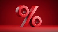 Bold red percentage sign on deep red background, symbolizing discount, sale, interest rate, or financial concept for marketing and promotional materials.