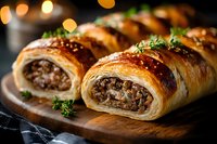 Freshly baked sausage rolls with golden flaky puff pastry, garnished with herbs on wooden cutting board. Dark moody background with bokeh lights.