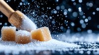 Brown sugar cubes with wooden scoop and scattered white sugar crystals against dark bokeh background, highlighting contrast between refined and raw sweeteners.