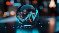 Glowing stock market chart reflected in crystal ball against blurred city lights background, financial prediction concept with neon blue glow effect.