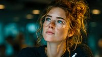 Young Caucasian woman with curly red hair wearing glasses looking up thoughtfully in modern office environment with warm lighting and bokeh background.