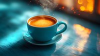 Steaming turquoise coffee cup with fresh espresso on wooden table, warm orange light and bokeh background creates cozy atmosphere for cafe marketing.