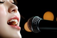 Close-up of Asian woman singing into professional microphone with passionate expression, glossy lips and bright smile against dark background with bokeh lights.