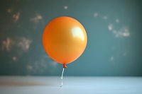 Single orange balloon floating against blurred teal background with soft bokeh lights creates minimalist composition suitable for celebration designs and party concepts.