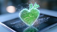 Glowing green heart shape with digital particles emerging from smartphone screen, symbolizing digital wellness and health technology connection concept.