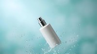 White cosmetic spray bottle with water droplets floating against soft turquoise background for skincare and beauty product advertising.
