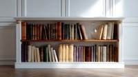 Vintage books arranged on white wooden built-in bookshelf against classic wall paneling, creating nostalgic library atmosphere for interior design and home decor.